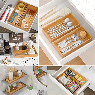 VeyFey Bambu Çekmece Düzenleyici, Mutfak için İstiflenebilir Mutfak Gereçleri Düzenleyici, Bambu Saklama Kutusu Çekmece için Ahşap Gümüş Eşya Tepsisi 38,1 cm x 15,2 cm x 5,08 cm 2li Set