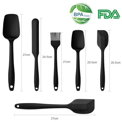 Vicloon Silikon mutfak yardımcısı, 6 adet silikon spatula, çorba kaşığı, fırın fırçası, spatula, ısıya dayanıklı ve yapışmaz, paslanmaz çelik ve dikişsiz tek parça tasarım (siyah)