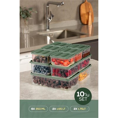 Vienev 10lu Buzdolabı Dondurucu Organizer Ve Saklama Kabı Yeşil 6x(350ml) 2x(1,65lt) 2x(1,75lt)