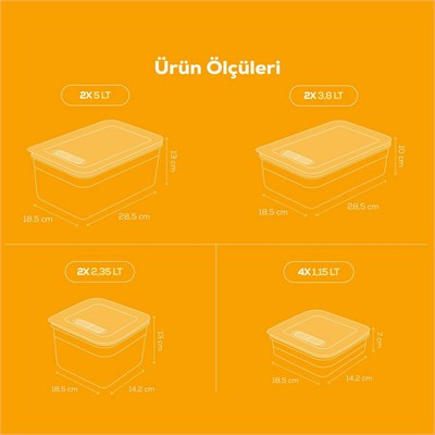 Vienev 10lu Hava Kanallı Ayarlanabilir Sebze Ve Meyve Saklama Kabı 4x(1,15 Lt) 2x(2,35-3,8-5 lt) turuncu