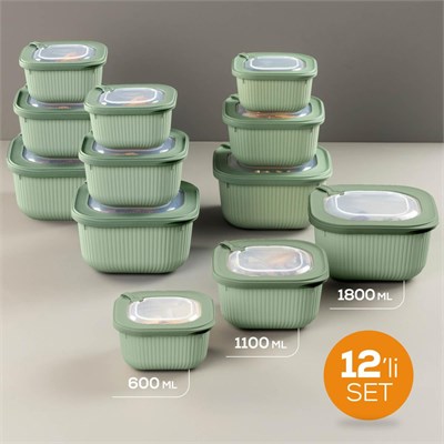 Vienev 12li 4x(600-1100-1800 Ml) Mikrodalga Ve Difrize Uygun Vip Kapaklı Özel Saklama Kabı Seti Yeşil