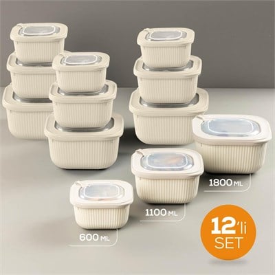Vienev 12li 4x(600-1100-1800 Ml) Mikrodalga Ve Difrize Uygun Vip Kapaklı Özel Saklama Kabı Seti Bej