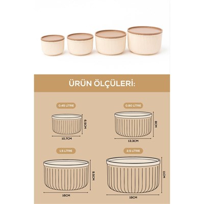 Vienev 12li Çizgili Yuvarlak Saklama Kabı Seti Bej