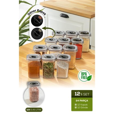 Vienev 12li Döner Başlık Kapaklı Etiketli Hava Geçirmez 0,45 Lt Baharat Saklama Seti