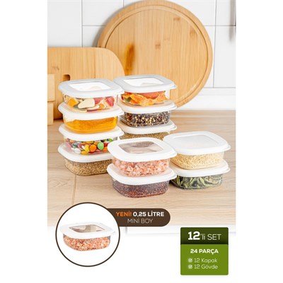 Vienev 12li Etiketli Lux Hava Geçirmez Erzak Ve Baharat Saklama Kabı Seti 0,25 Lt Beyaz