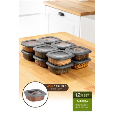Vienev 12li Etiketli Lux Hava Geçirmez Erzak Ve Baharat Saklama Kabı Seti 0,25 Lt Antrasit Antrasit