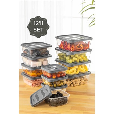 Vienev 12li Kare Mikrodalga Içi Saklama Kabı Seti-sebze Meyve Et Saklama Kabı 4x(500-1000-1600 Ml)antrasit