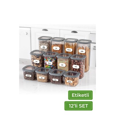 Vienev 12li Set Etiketli Kare Erzak Saklama Kabı 4x(0,55 Li̇tre, 1,2 Li̇tre, 1,75 Li̇tre) Antrasit