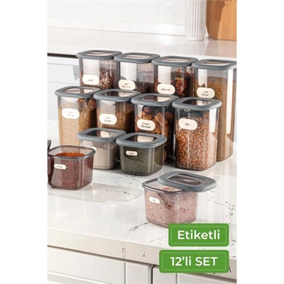 Vienev 12li Set Etiketli Kare Erzak Saklama Kabı 4x(0,55 Li̇tre, 1,2 Li̇tre, 1,75 Li̇tre) Antrasit