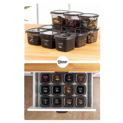 Vienev 12li Süper Set Baharat Saklama Kabı Seti Avantajlı Paket 4x(0,40, 0,45, 0,55) Etiketli