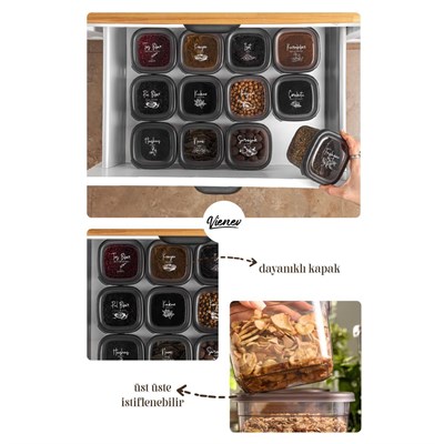 Vienev 12li Süper Set Baharat Saklama Kabı Seti Avantajlı Paket 4x(0,40, 0,45, 0,55) Etiketli