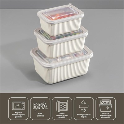 Vienev 12li Vip Dikdörtgen Mikrodalga Ve Difrize Uygun Saklama Kabı Seti Bej 4x(1750,1050,600 Ml)