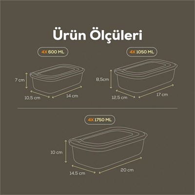 Vienev 12li Vip Dikdörtgen Mikrodalga Ve Difrize Uygun Saklama Kabı Seti Yeşil 4x(1750,1050,600 Ml)