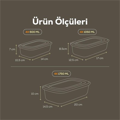 Vienev 12li Vip Dikdörtgen Mikrodalga Ve Difrize Uygun Saklama Kabı Seti Bej 4x(1750,1050,600 Ml)