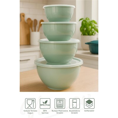 Vienev 12li Yuvarlak Kase Seti Mint Yeşili | 1l, 1.5l, 2.3l, 3.3l | Kapaklı Mutfak Saklama Kabı