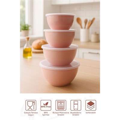 Vienev 12li Yuvarlak Kase Seti Pembe | 1l, 1.5l, 2.3l, 3.3l | Kapaklı Çok Amaçlı Mutfak Saklama Kabı