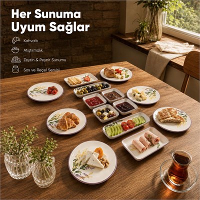 Vienev 14 Parça 6 Kişilik Lavanta Desen Seramik Kahvaltı Takım Seti