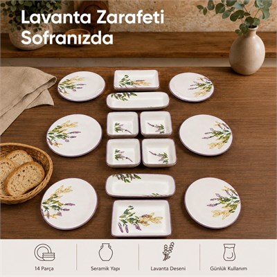 Vienev 14 Parça 6 Kişilik Lavanta Desen Seramik Kahvaltı Takım Seti