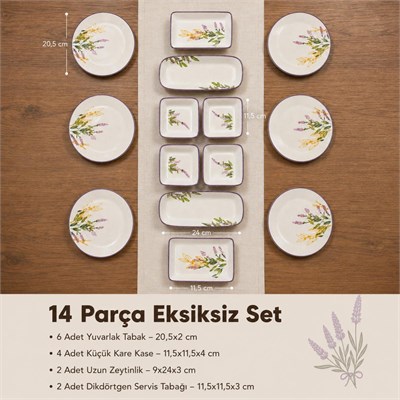 Vienev 14 Parça 6 Kişilik Lavanta Desen Seramik Kahvaltı Takım Seti