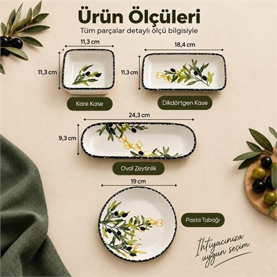 Vienev 14 Parça 6 Kişilik Zeytin Model Seramik Kahvaltı Takımı 6 Pasta Tabağı 4 Kare Kase 2 Dikdörtgen Kase 2 Oval Zeytinlik