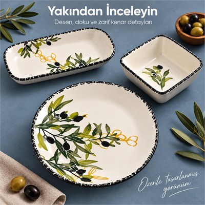 Vienev 14 Parça 6 Kişilik Zeytin Model Seramik Kahvaltı Takımı 6 Pasta Tabağı 4 Kare Kase 2 Dikdörtgen Kase 2 Oval Zeytinlik