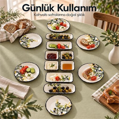 Vienev 14 Parça 6 Kişilik Zeytin Model Seramik Kahvaltı Takımı 6 Pasta Tabağı 4 Kare Kase 2 Dikdörtgen Kase 2 Oval Zeytinlik
