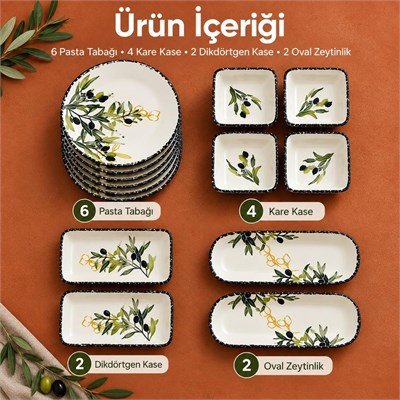Vienev 14 Parça 6 Kişilik Zeytin Model Seramik Kahvaltı Takımı 6 Pasta Tabağı 4 Kare Kase 2 Dikdörtgen Kase 2 Oval Zeytinlik