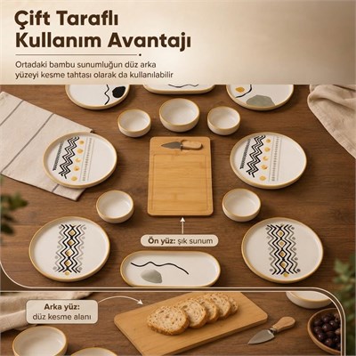 Vienev 15 Parça Bambu Sunumluklu Axial Kahvaltı Takımı Seti