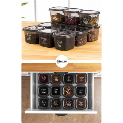 Vienev 15li Baharat Saklama Kabı Seti Avantajlı Paket 5x 0,40, 0,45, 0,55 Litre Etiketli Kaşıklı Süper Set Şeffaf