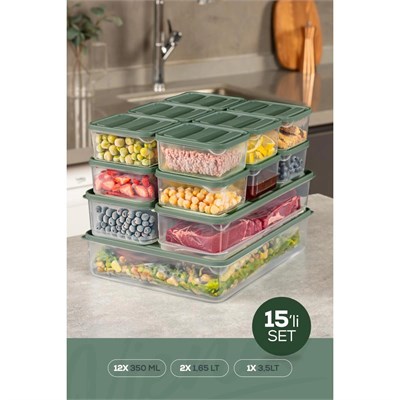 Vienev 15li Buzdolabı Dondurucu Organizer Ve Saklama Kabı Yeşil 12x(350ml) 2x(1,65lt) 1x(3,5lt)