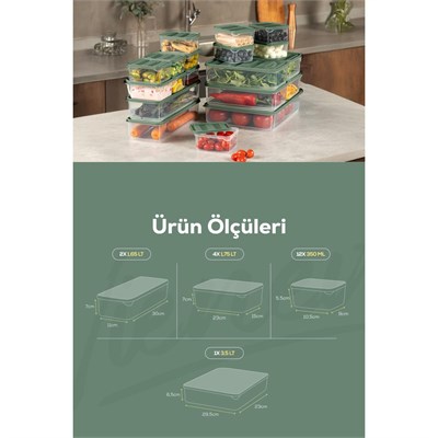 Vienev 19lu Buzdolabı Dondurucu Organizer Ve Saklama Kabı Yeşil 12x(350ml) 4x(1,75lt) 2x(1,65lt) 1x(3,5lt)