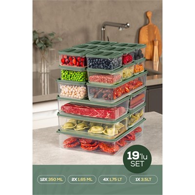 Vienev 19lu Buzdolabı Dondurucu Organizer Ve Saklama Kabı Yeşil 12x(350ml) 4x(1,75lt) 2x(1,65lt) 1x(3,5lt)