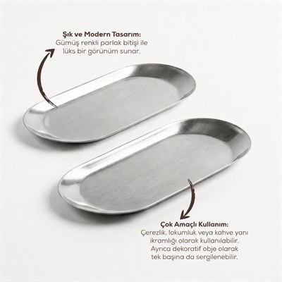 Vienev 2’li Gümüş Renk Metal Oval Kayık Tabak Seti - Sunum Ve Çerezlik Tabağı