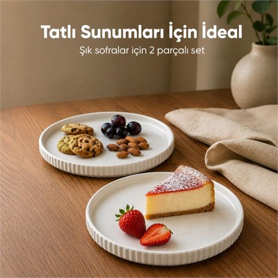 Vienev 2 Parça 20 Cm Porselen Servis Tabağı Seti - Modern Çizgili Yuvarlak Sunum Tabağı