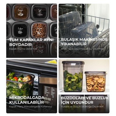 Vienev 24lü Beyaz Serigrafi Etiketli Kaşıklı Peggy Kare Erzak Baharat Full Set 6x(1,75 1,2, 0,55, 0,45) Ant