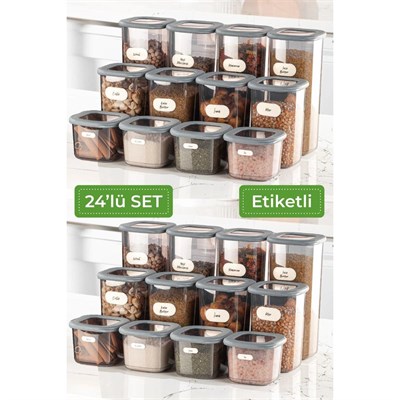 Vienev 24lü Etiketli Poly Kare Erzak Saklama Kabı Set 8x(0,55 Li̇tre, 1,2 Li̇tre, 1,75 Li̇tre) Antrasit
