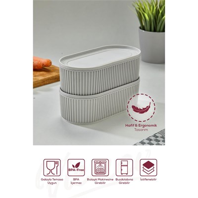 Vienev 2li Elastik Bantlı İstiflenebilir Pratik Saklama Kabı Seti 2x 1100 Ml Gri