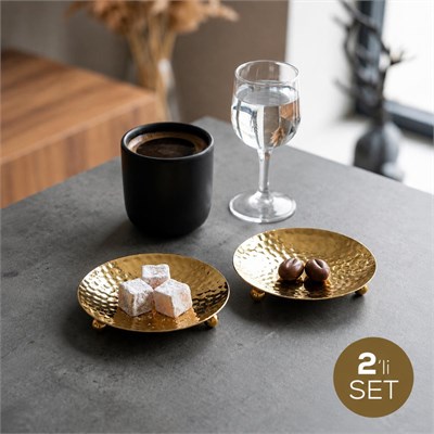 Vienev 2li Gold Renk Metal Mini Lokumluk - Dövme Desenli Sunum Tabağı
