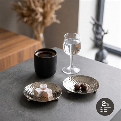 Vienev 2li Gümüş Renk Metal Mini Lokumluk - Dövme Desenli Sunum Tabağı