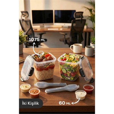 Vienev 2li Kilitli Kapak 1075ml Yemek Saklama Kabı - Sosluk Ve Kaşık Setli Pratik Öğün Kabı