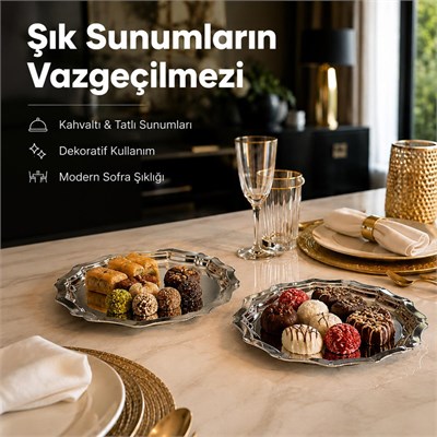 Vienev 2li Metal Sunum Tabağı Seti 24 Cm - Çiçek Dekor Sunum Tepsi