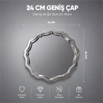 Vienev 2li Metal Sunum Tabağı Seti 24 Cm - Çiçek Dekor Sunum Tepsi