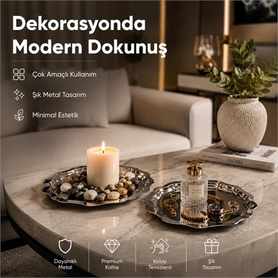 Vienev 2li Metal Sunum Tabağı Seti 24 Cm - Çiçek Dekor Sunum Tepsi