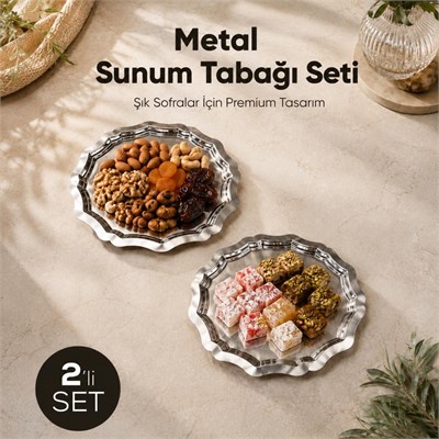 Vienev 2li Metal Sunum Tabağı Seti 24 Cm - Çiçek Dekor Sunum Tepsi