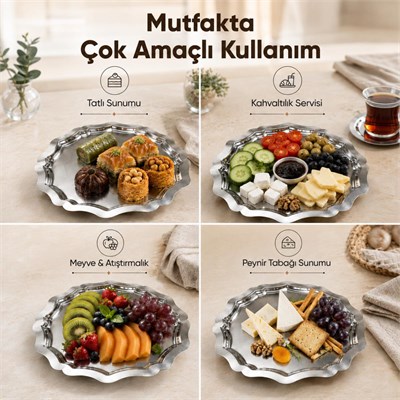 Vienev 2li Metal Sunum Tabağı Seti 24 Cm - Çiçek Dekor Sunum Tepsi