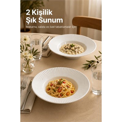 Vienev 2li Porselen Çizgi Desenli Çukur Makarna Tabağı 27 Cm
