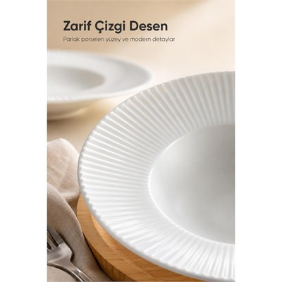 Vienev 2li Porselen Çizgi Desenli Çukur Makarna Tabağı 27 Cm