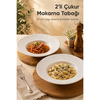 Vienev 2li Porselen Çizgi Desenli Çukur Makarna Tabağı 27 Cm