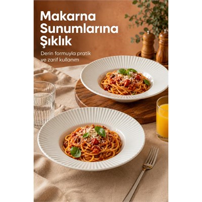 Vienev 2li Porselen Çizgi Desenli Çukur Makarna Tabağı 27 Cm