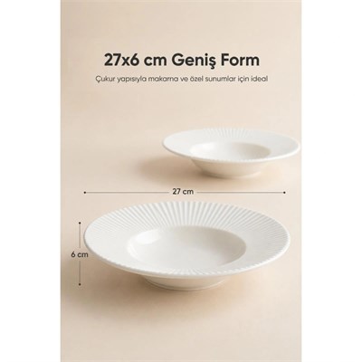 Vienev 2li Porselen Çizgi Desenli Çukur Makarna Tabağı 27 Cm
